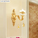 Antiqued Imitation Jade Gold Finish Wall Sconce With Crystal Drop - Candle Living Room Lamp