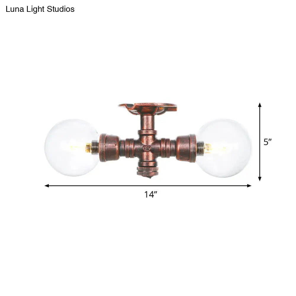 Antiqued Led Flush Mount Lamp With 2 Lights - Clear Glass & Copper Semi Lighting Ball