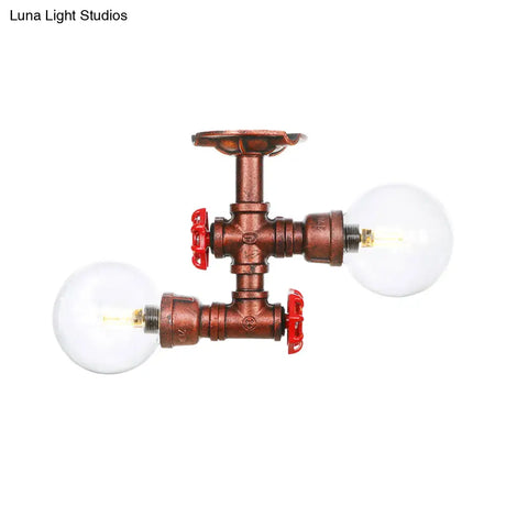 Antiqued Led Flush Mount Lamp With 2 Lights - Clear Glass & Copper Semi Lighting Ball