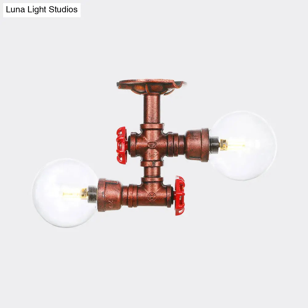 Antiqued Led Flush Mount Lamp With 2 Lights - Clear Glass & Copper Semi Lighting Ball