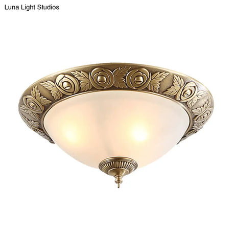 Antiqued Milky Glass Bedroom Ceiling Light With Brass Flush Mount - 2/3 - Head Available In 12’