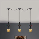 Antiqued Sphere Multi Light Chandelier With Amber Glass Pendant - Led Suspension In Black