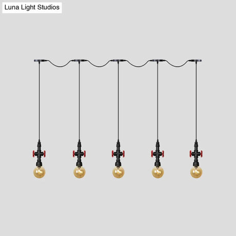 Antiqued Sphere Multi Light Chandelier With Amber Glass Pendant - Led Suspension In Black