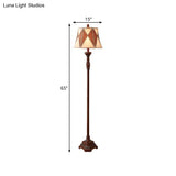 Antiqued Style Red Brown Floor Lamp With Harlequin Design And Flared Fabric Shade 1 Bulb