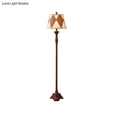Antiqued Style Red Brown Floor Lamp With Harlequin Design And Flared Fabric Shade 1 Bulb