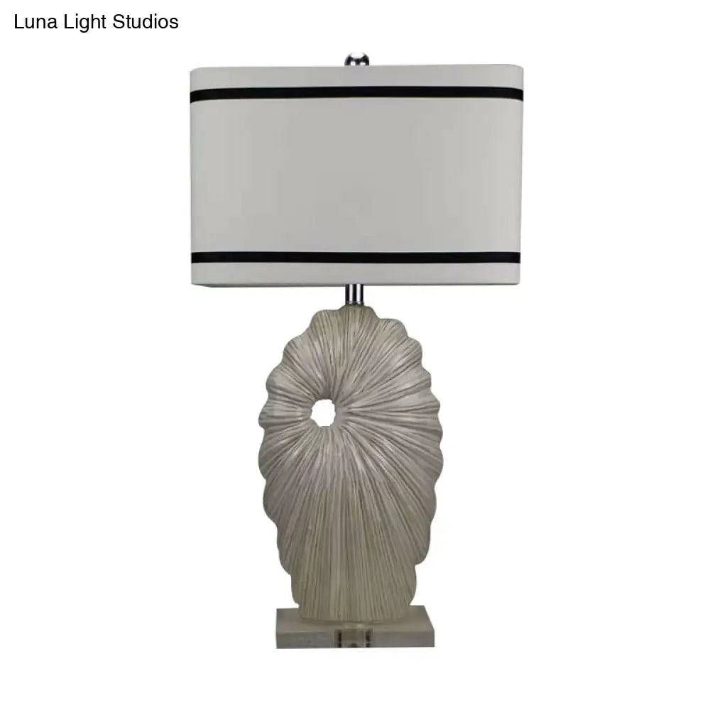 Antiqued Style Table Lamp - Black-White Fabric Shade Rectangular 1 Head Shell Porcelain Base