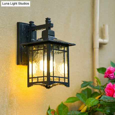 Antiqued Water Glass Rectangle Garden Wall Light - 1 Bulb Black/Brass Sconce Fixture