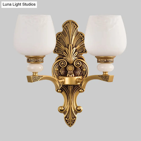 Antiqued White Glass Cup Wall Sconce - Brass 1/2 Heads Mount Lamp For Bedroom Lighting
