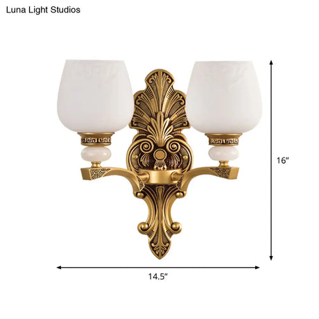 Antiqued White Glass Cup Wall Sconce - Brass 1/2 Heads Mount Lamp For Bedroom Lighting