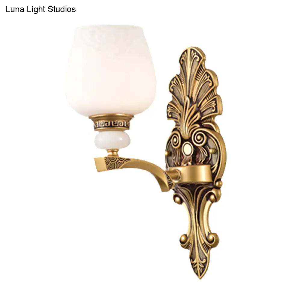 Antiqued White Glass Cup Wall Sconce - Brass 1/2 Heads Mount Lamp For Bedroom Lighting
