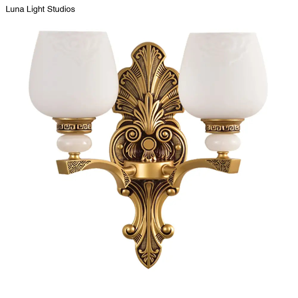 Antiqued White Glass Cup Wall Sconce - Brass 1/2 Heads Mount Lamp For Bedroom Lighting
