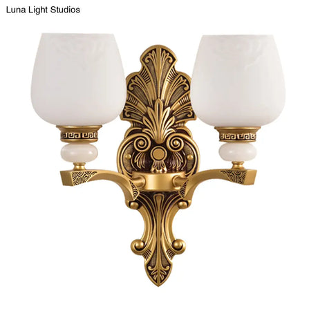 Antiqued White Glass Cup Wall Sconce - Brass 1/2 Heads Mount Lamp For Bedroom Lighting