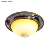 Antiqued Yellow Glass Led Flush Mount Fixture - Brass Domed Lighting 12’/16’ Wide Bedroom