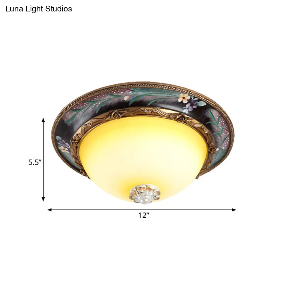 Antiqued Yellow Glass Led Flush Mount Fixture - Brass Domed Lighting 12’/16’ Wide Bedroom