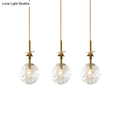 Antler Deco Brass Pendant Light Fixture With Clear Dimpled Glass Shades - Traditional Style Triple