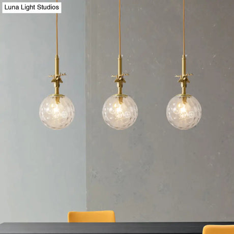 Antler Deco Brass Pendant Light Fixture With Clear Dimpled Glass Shades - Traditional Style Triple
