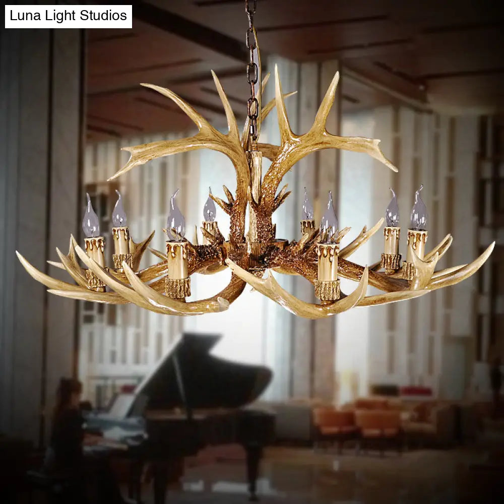 Antler Shaped Hanging Lamp: Rustic 8-Bulb Chandelier In Brown Resin