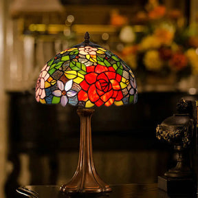 Aria - Victorian Hand-Cut Stained Glass Rose Table Light 1 Head Bronze Night Stand Lamp