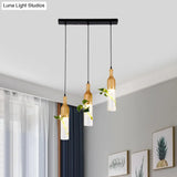 Art Deco Clear Glass Pendant Light With Wood Details - 3 Heads Restaurant Or Home Décor