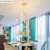 Art Deco Gold Finish Led Suspension Lamp - Interlocking Metal Chandelier For Restaurants