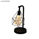 Art Deco Led Night Light For Kids Bedroom - Black Table Lamp With Diamond Iron Cage Design