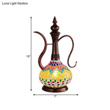 Art Deco Yellow Stained Glass Teapot Bedroom Table Lamp With 1 Light And Copper Night