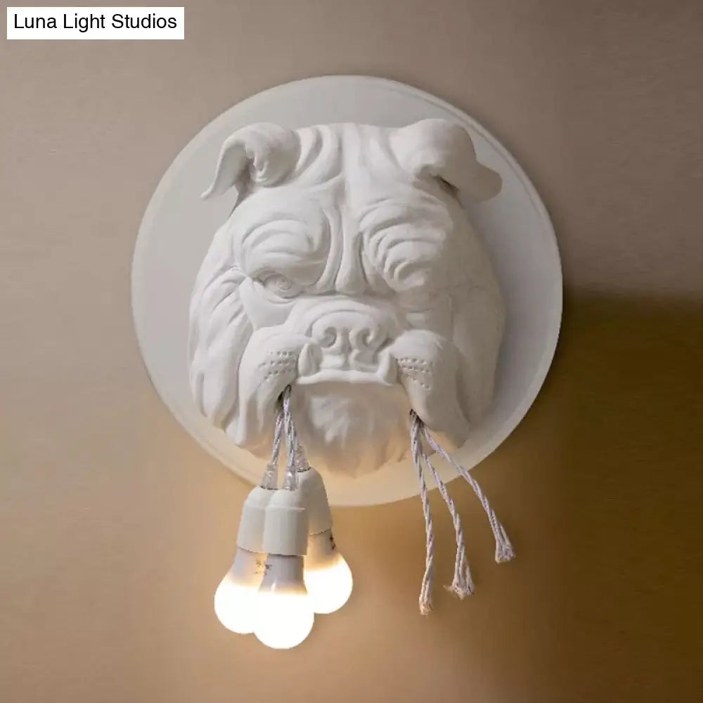Artistic Bulldog Head Wall Lamp - White/Black 3 Resin Heads Bathroom Mount