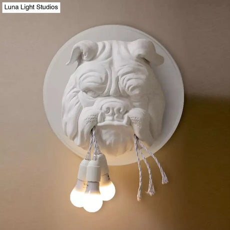 Artistic Bulldog Head Wall Lamp - White/Black 3 Resin Heads Bathroom Mount