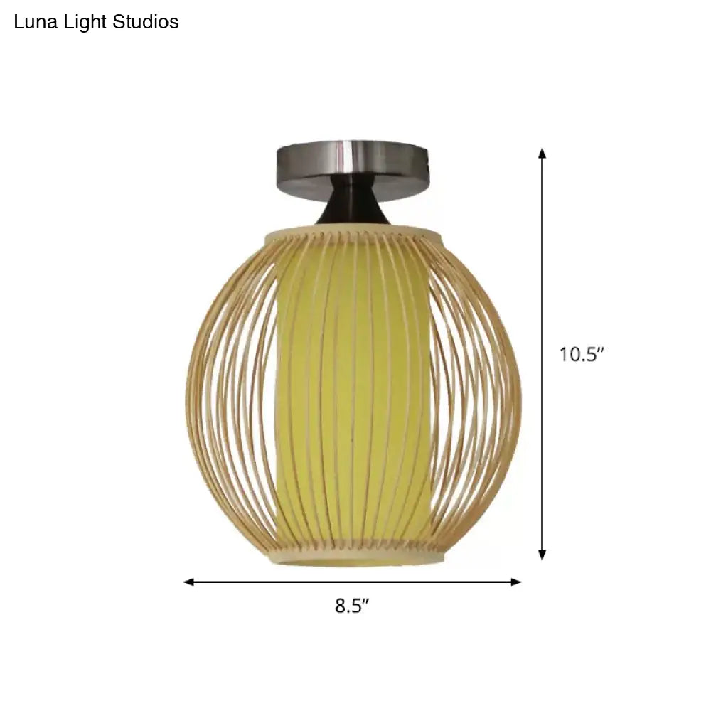Asia 1 - Head Ceiling Mounted Wood Pear/Globe Light Fixture With Bamboo Cage And Shade
