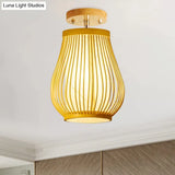 Asia 1 - Head Ceiling Mounted Wood Pear/Globe Light Fixture With Bamboo Cage And Shade