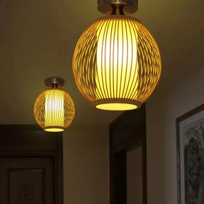 Asia 1 - Head Ceiling Mounted Wood Pear/Globe Light Fixture With Bamboo Cage And Shade / A