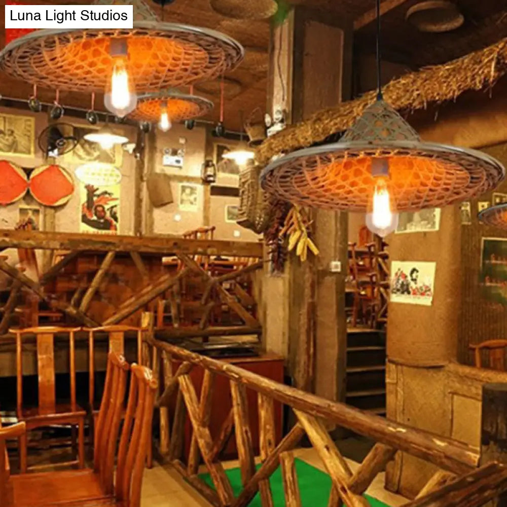 Asia Bamboo Coolie Hat Pendant Ceiling Light - Single-Bulb Wooden Hang Lamp for Restaurants