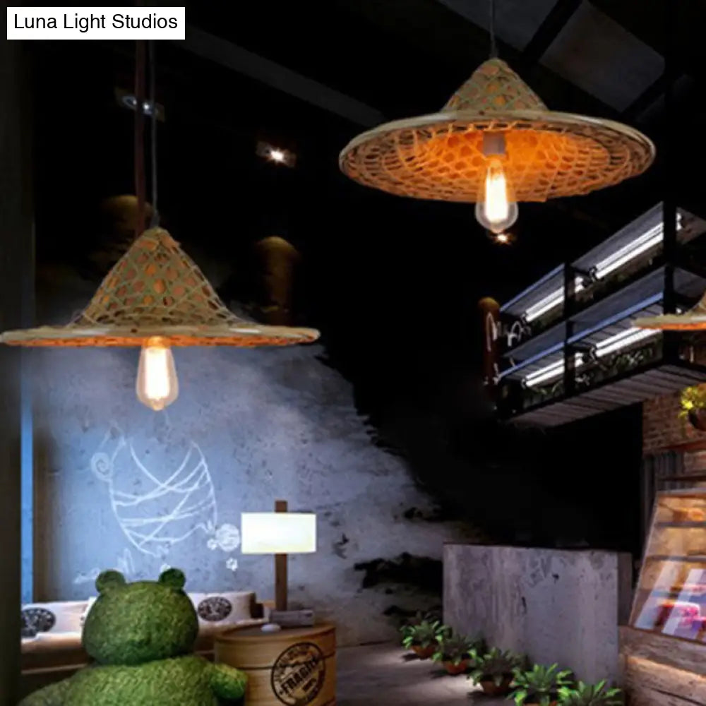 Asia Bamboo Coolie Hat Pendant Ceiling Light - Single-Bulb Wooden Hang Lamp for Restaurants
