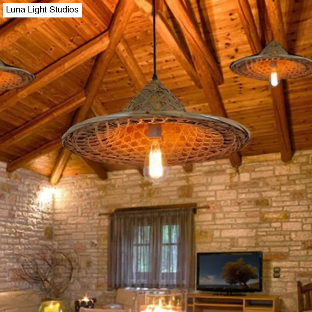 Asia Bamboo Coolie Hat Pendant Ceiling Light - Single-Bulb Wooden Hang Lamp for Restaurants