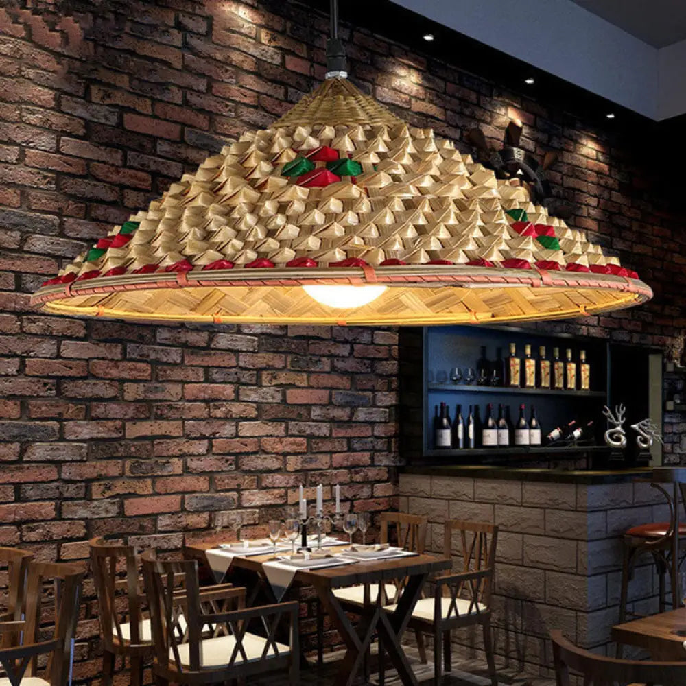 Asia Bamboo Coolie Hat Pendant Ceiling Light - Single-Bulb Wooden Hang Lamp for Restaurants Wood / C