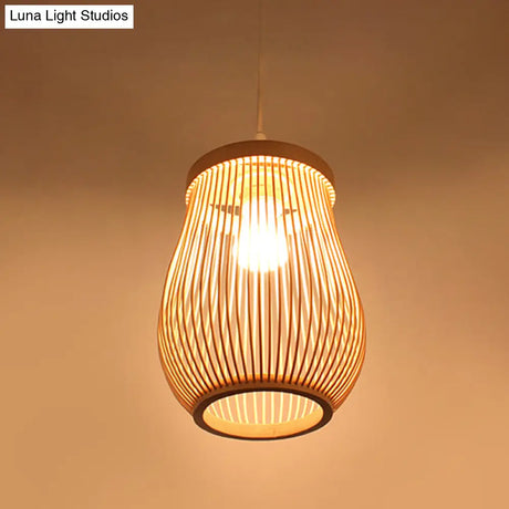 Asia Bamboo Hand-Worked Pear Cage Pendant Terrace Ceiling Light - Wood 1 Bulb