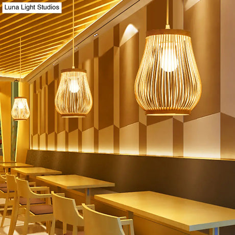 Asia Bamboo Hand-Worked Pear Cage Pendant Terrace Ceiling Light - Wood 1 Bulb