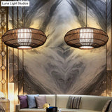 Asia Bamboo Lantern Pendant Lamp With White Acrylic Shade - Coffee Ceiling Hanging Light