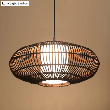 Asia Bamboo Lantern Pendant Lamp With White Acrylic Shade - Coffee Ceiling Hanging Light