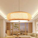 Asia Bamboo Round Hanging Light Fixture - Wood Ceiling Pendant With 1 Bulb For Living Room / 16