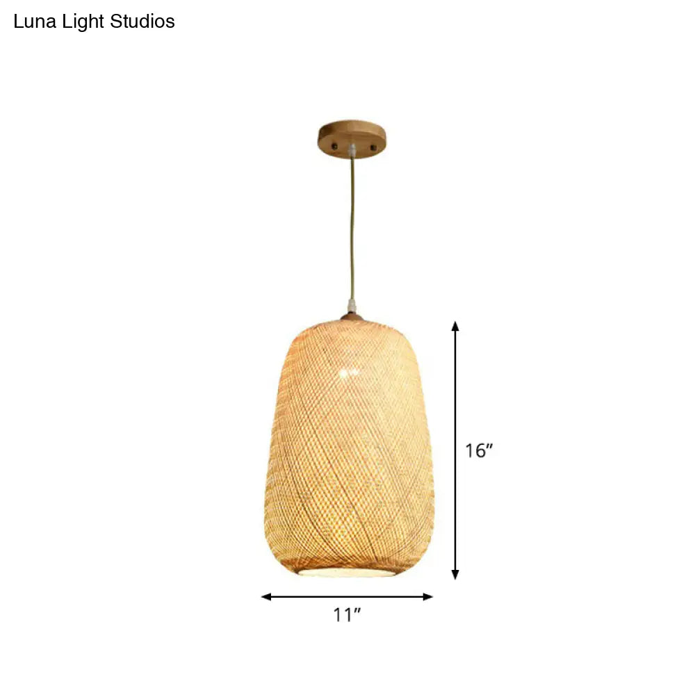 Asia Bamboo Weave Pendant Light Fixture - Restaurant Ceiling Lamp Beige Shade