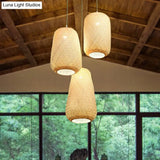 Asia Bamboo Weave Pendant Light Fixture - Restaurant Ceiling Lamp Beige Shade