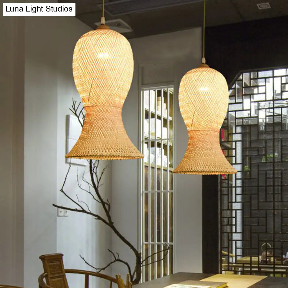Asia Bamboo Weave Pendant Light Fixture - Restaurant Ceiling Lamp Beige Shade