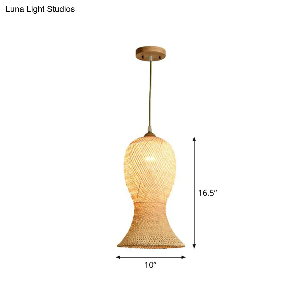 Asia Bamboo Weave Pendant Light Fixture - Restaurant Ceiling Lamp Beige Shade