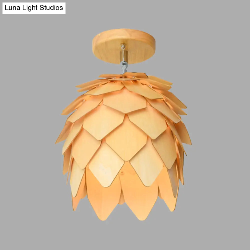 Asia Beige Dome Wood Shade Semi Flush Ceiling Mounted Light For Bedroom