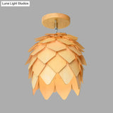 Asia Beige Dome Wood Shade Semi Flush Ceiling Mounted Light For Bedroom
