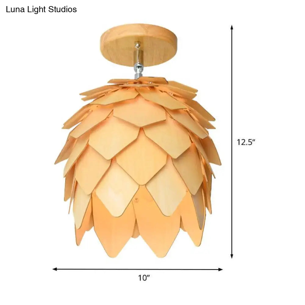 Asia Beige Dome Wood Shade Semi Flush Ceiling Mounted Light For Bedroom