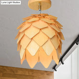 Asia Beige Dome Wood Shade Semi Flush Ceiling Mounted Light For Bedroom