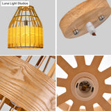 Asia Beige Wooden Pendant Light - Slatted Cage Design Single Bulb Suspended Fixture