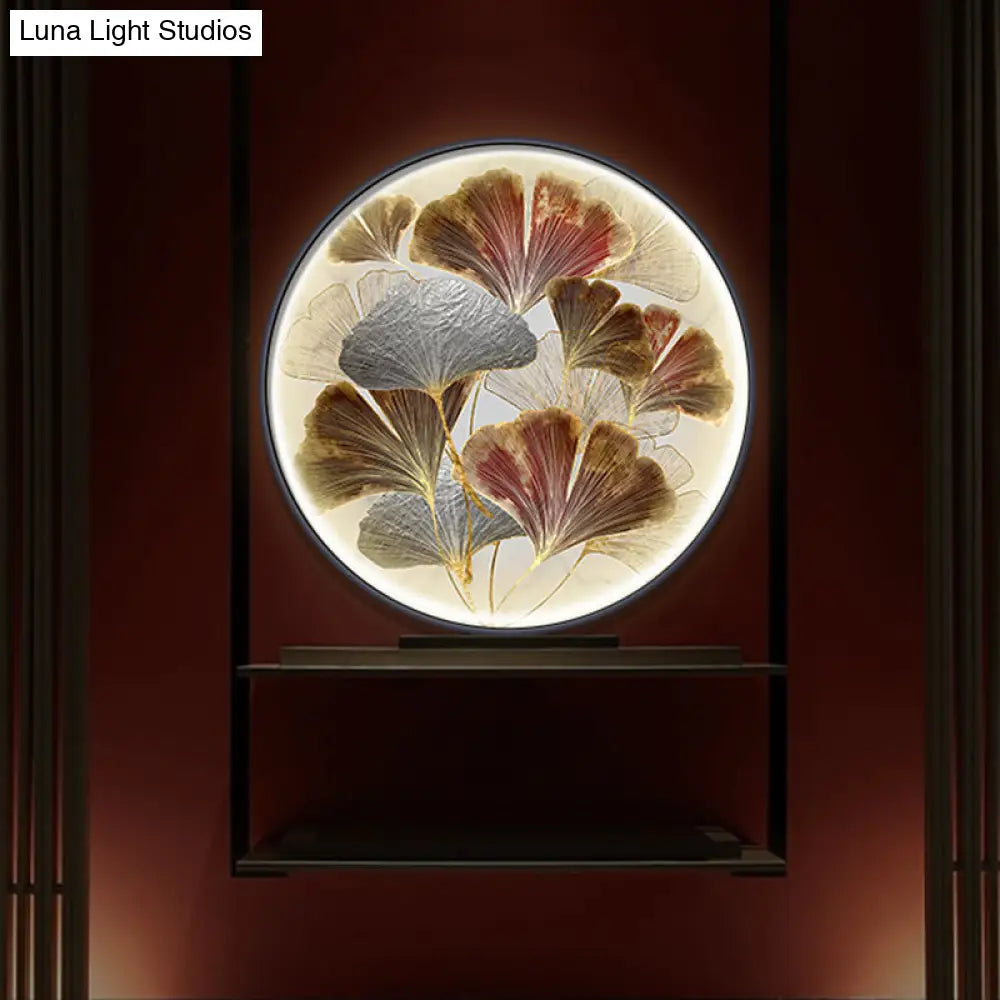 Asia Led Ginkgo Leaf Flush Wall Sconce In Gold With Metallic Shade